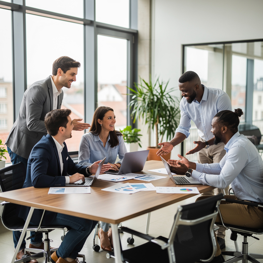 Diverse colleagues collaborating around a table in a modern office